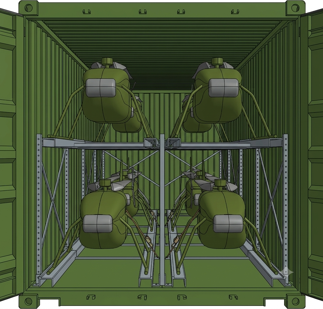 Four autonomous VTOL aircraft stowed inside a standard shipping container