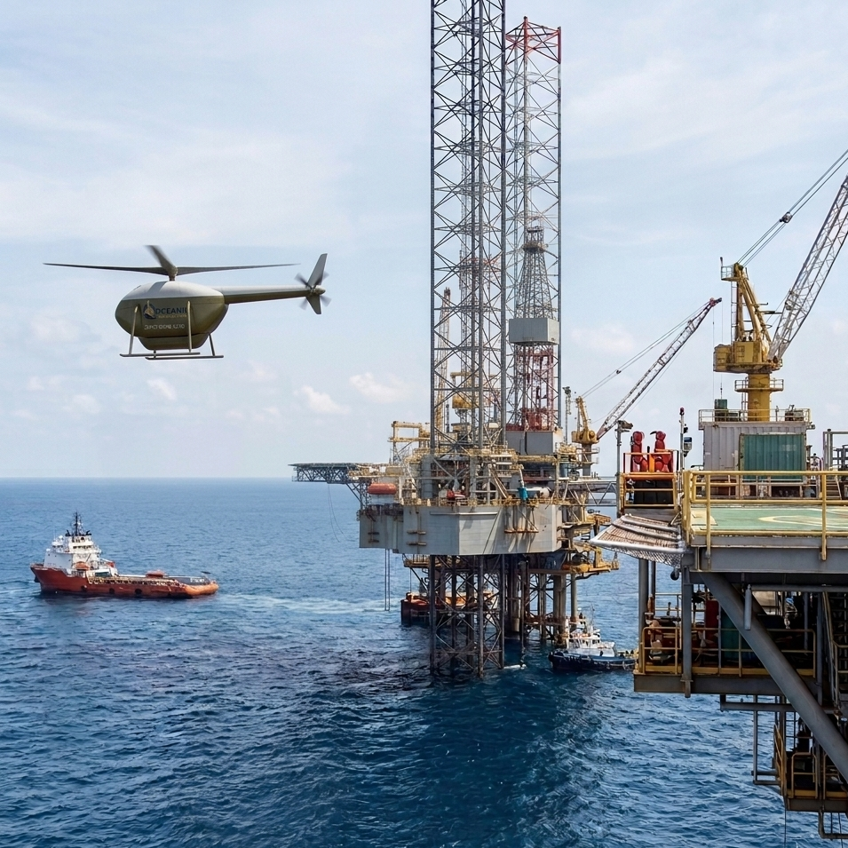 Autonomous VTOL aircraft flying near offshore industrial infrastructure